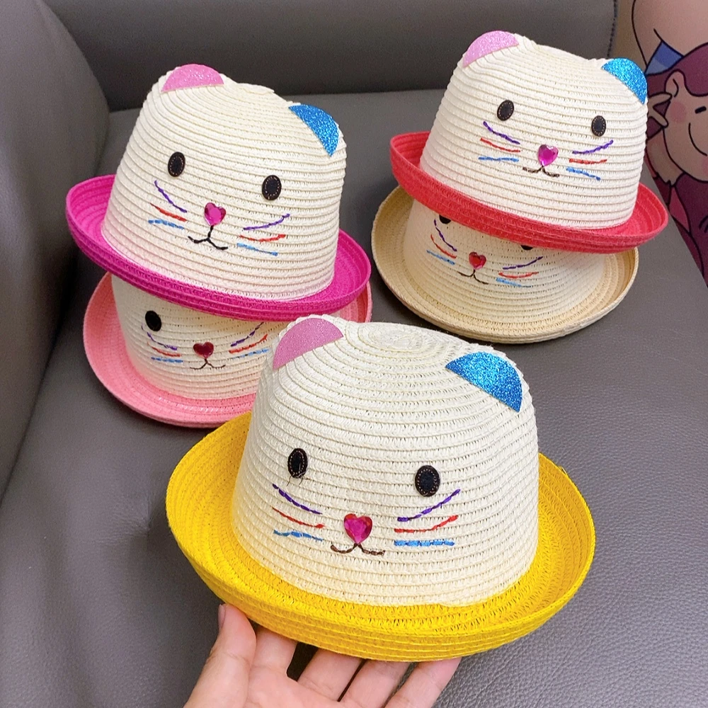 儿童夏季卡通可爱遮阳草帽萌小孩男宝女宝户外旅游渔夫帽子3-4岁5