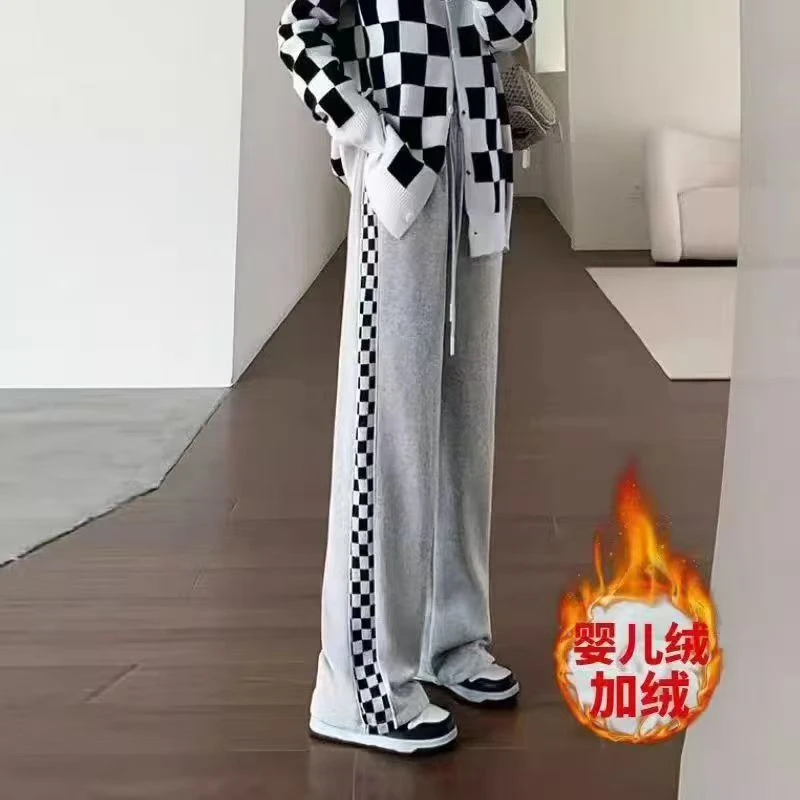 秋冬加绒加厚美式新品棋盘格运动女裤直筒休闲高腰窄版阔腿裤