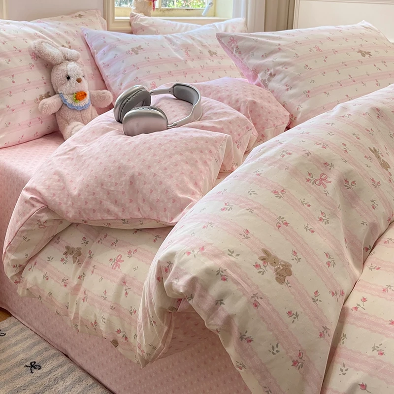 ins碎花兔兔纯棉四件套全棉少女心被套罩床单家用床上用品三件套4