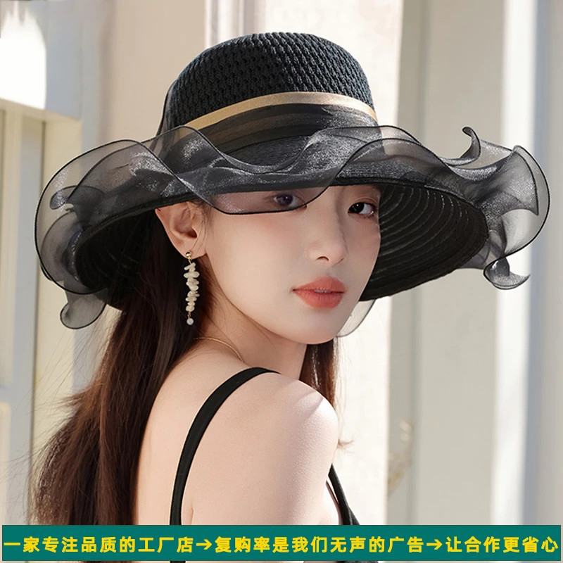 高级感气质优雅大沿帽女神欧根纱透气波浪边防晒帽夏季妈妈遮阳帽