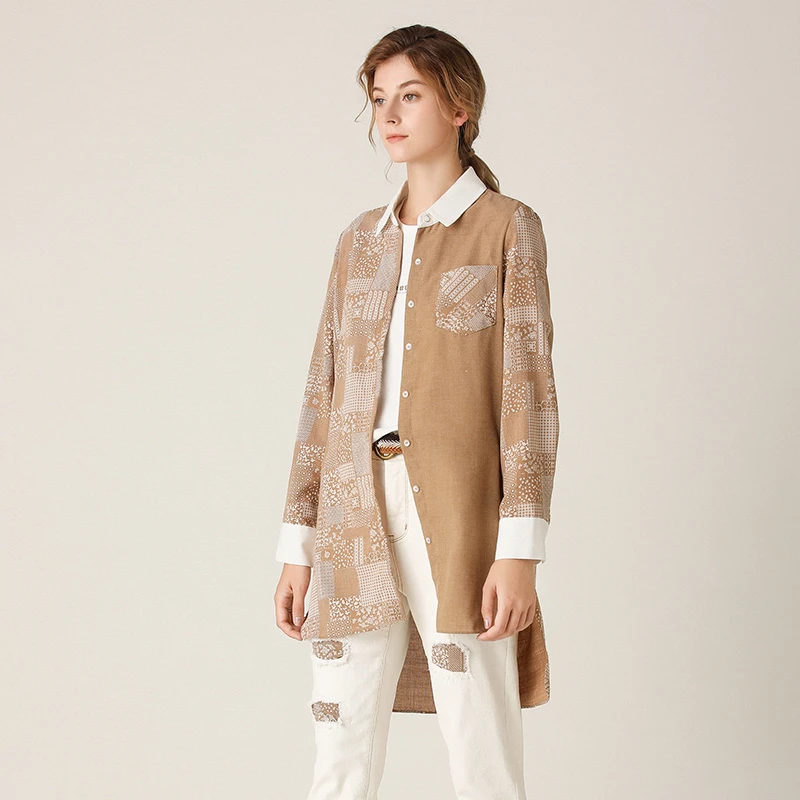 范可儿休闲印花衬衫时尚通勤中长款衬衣F201BA0