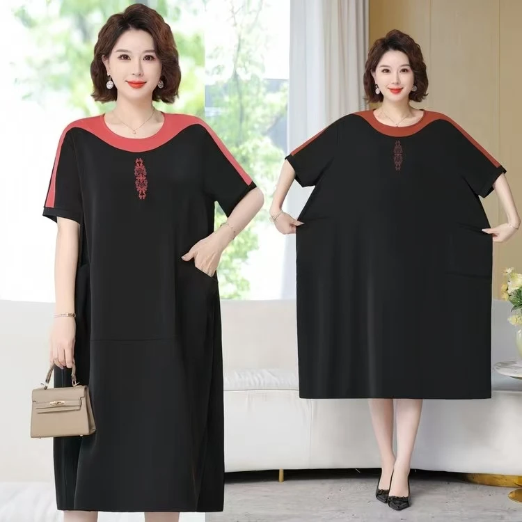 气质连衣裙大码显瘦夏季宽松中长款遮肚妈妈装洋气时尚休闲百搭