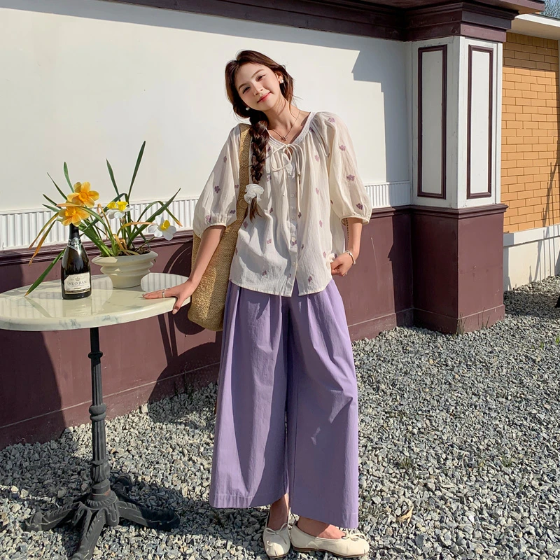 盐系甜美风碎花衬衫阔腿裤2025夏季新款小清新韩系ins风百搭套装