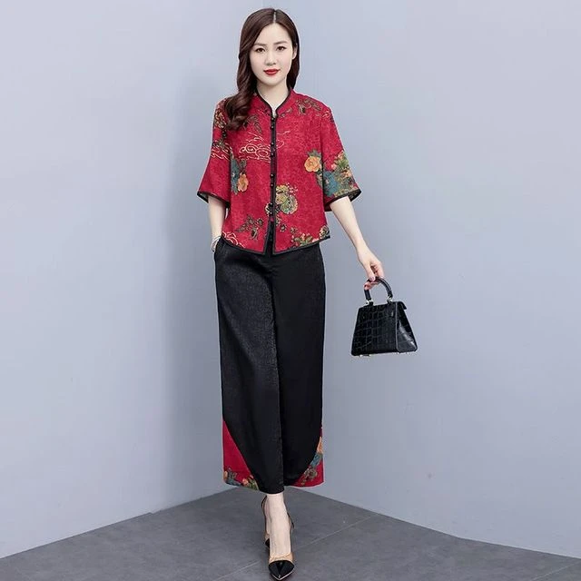2025夏季新款时尚洋气高贵阔太太中老年女装衬衫阔腿裤气质两件套