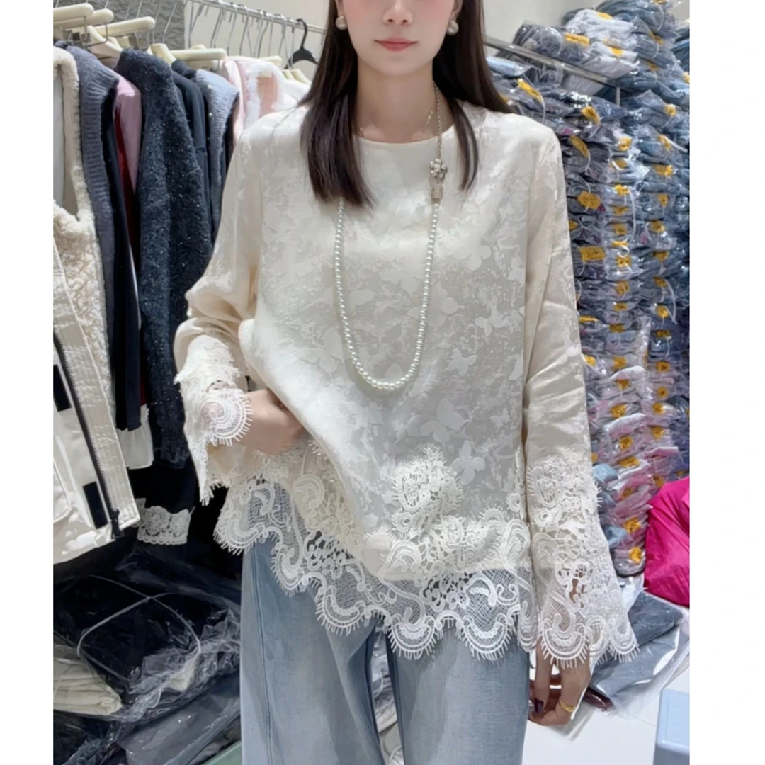 【三懿服饰】2025年新款重工提花刺绣蝴蝶拼接蕾丝边上衣-253