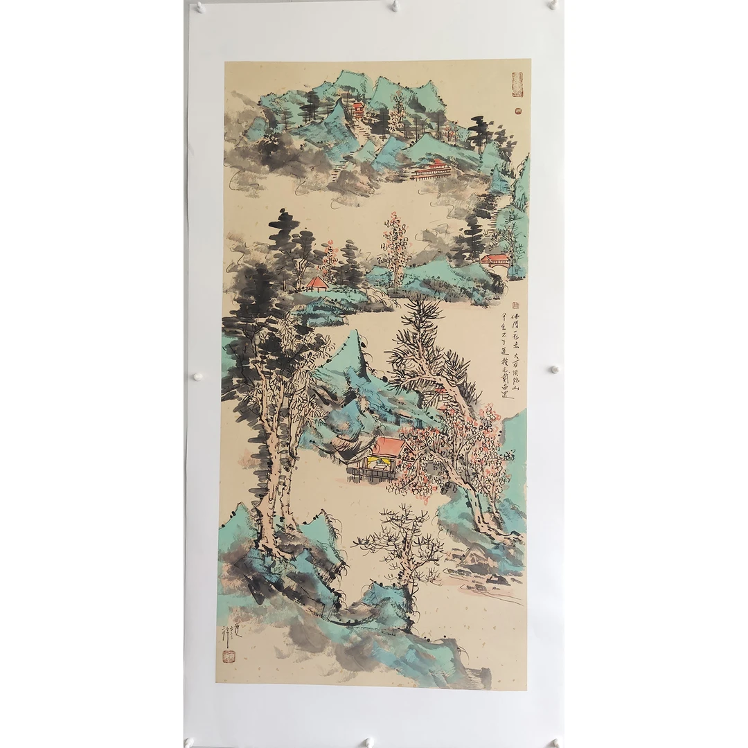 门丽萍纯手绘青绿山水国画作品仿古山水三尺整张50X100cm已托底