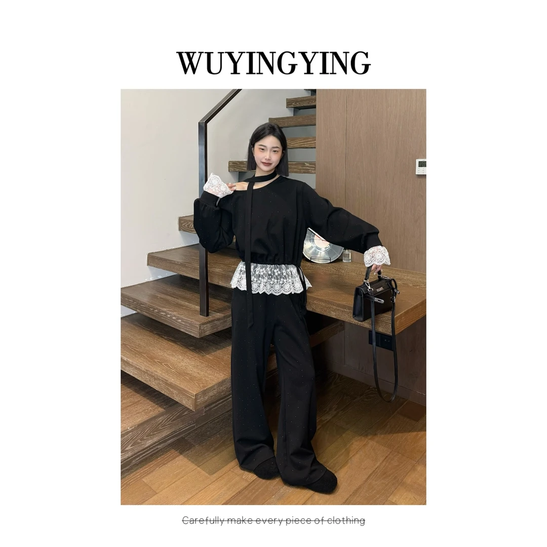 WUYINGYING【月光少女】韩系减龄重工烫钻露肩上衣+直筒阔腿裤套装