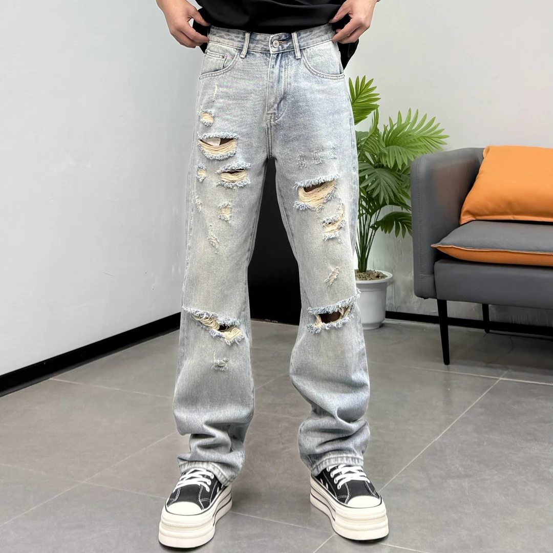 水洗破洞牛仔裤男2025新款宽松直筒长裤潮流高街痞帅裤子