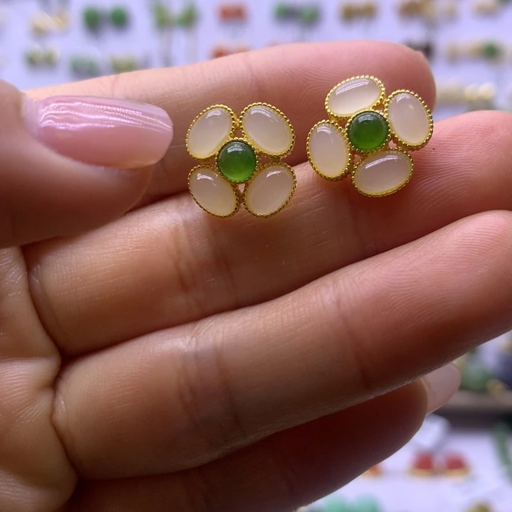 和田玉银S925镶嵌耳饰