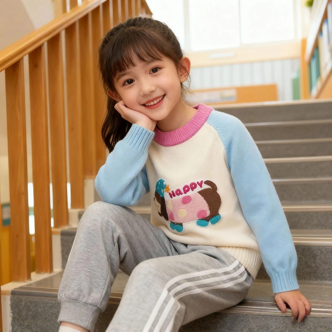 卡通风圆领休闲风长袖毛衣针织衫韩版洋气套头秋冬女童秋冬2025新