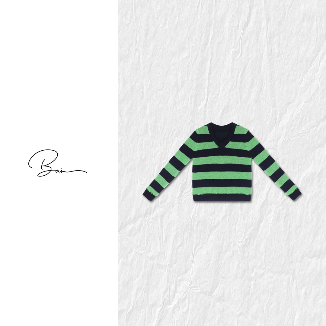 TXB “S+”100进口山羊绒意大利撞色条纹专机双层V领针织衫XB-7893