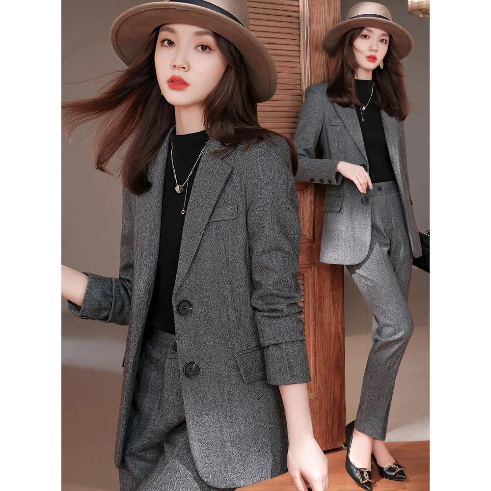 羊毛毛呢西装套装女秋冬气质女神范高端西服正装毛呢西装外套女