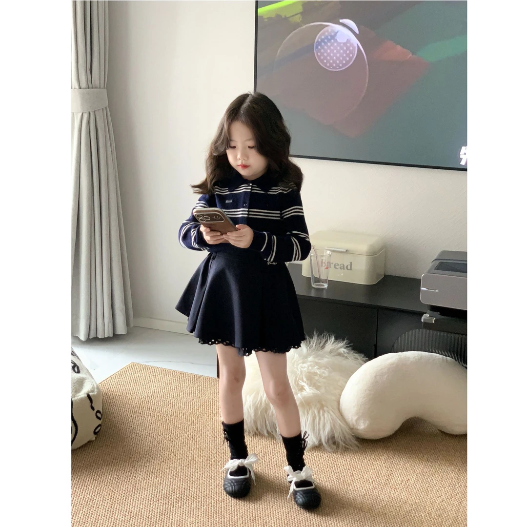壹妈韩版童装女童早秋穿搭套装洋气儿童条纹针织polo领毛衣半身裙