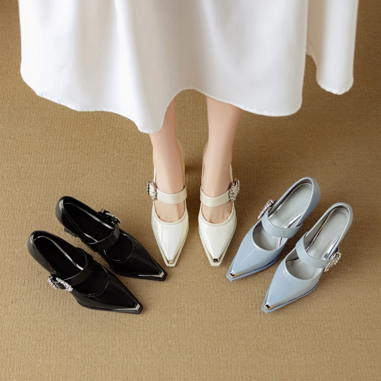 牛羊皮~8cm高跟鞋百搭气质时尚水钻一字带欧若风金属尖头真皮单鞋