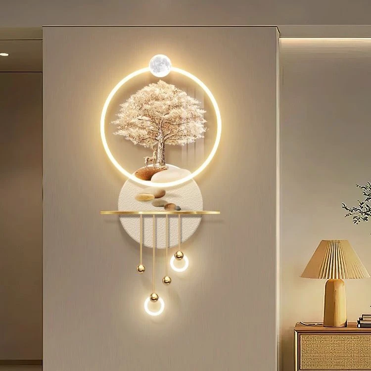 发财树玄关装饰画过道走廊奶油风高档立体led壁灯寓意好发光挂画