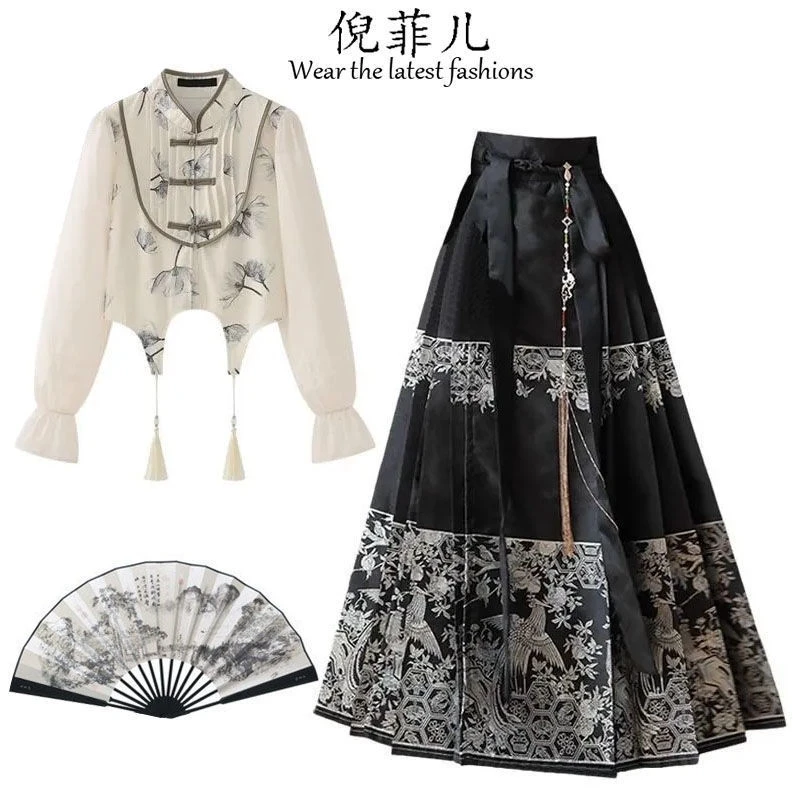 新中式穿搭一整套女装2025春季新款改良盘扣上衣汉服马面裙两件套
