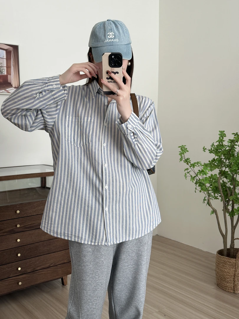 夏季新款女装休闲撞色条纹长袖开襟衬衫时尚百搭