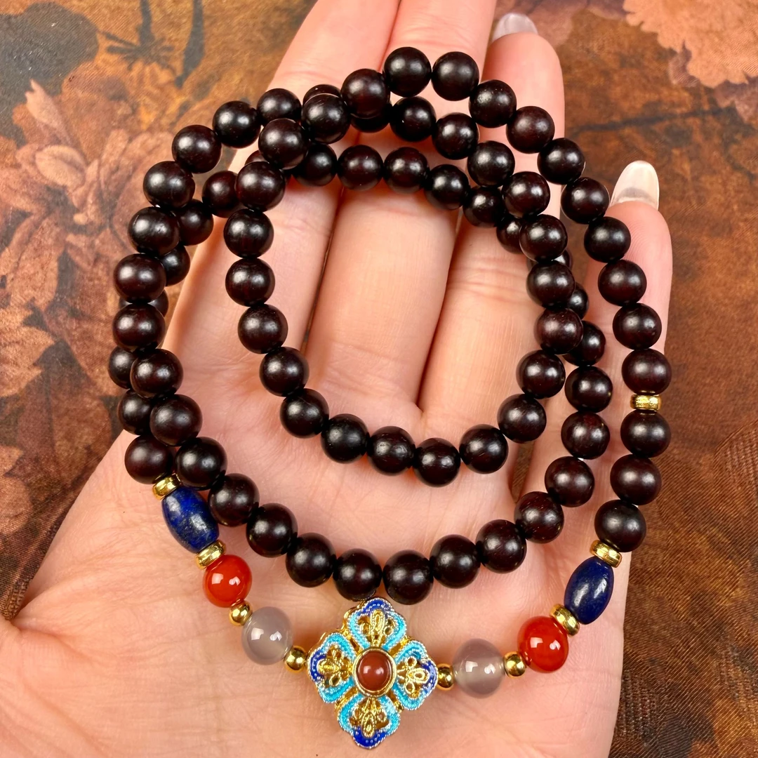 M83印度小叶紫檀直切多圈 四叶草手链 ZM34+锦绣束文玩手串袋