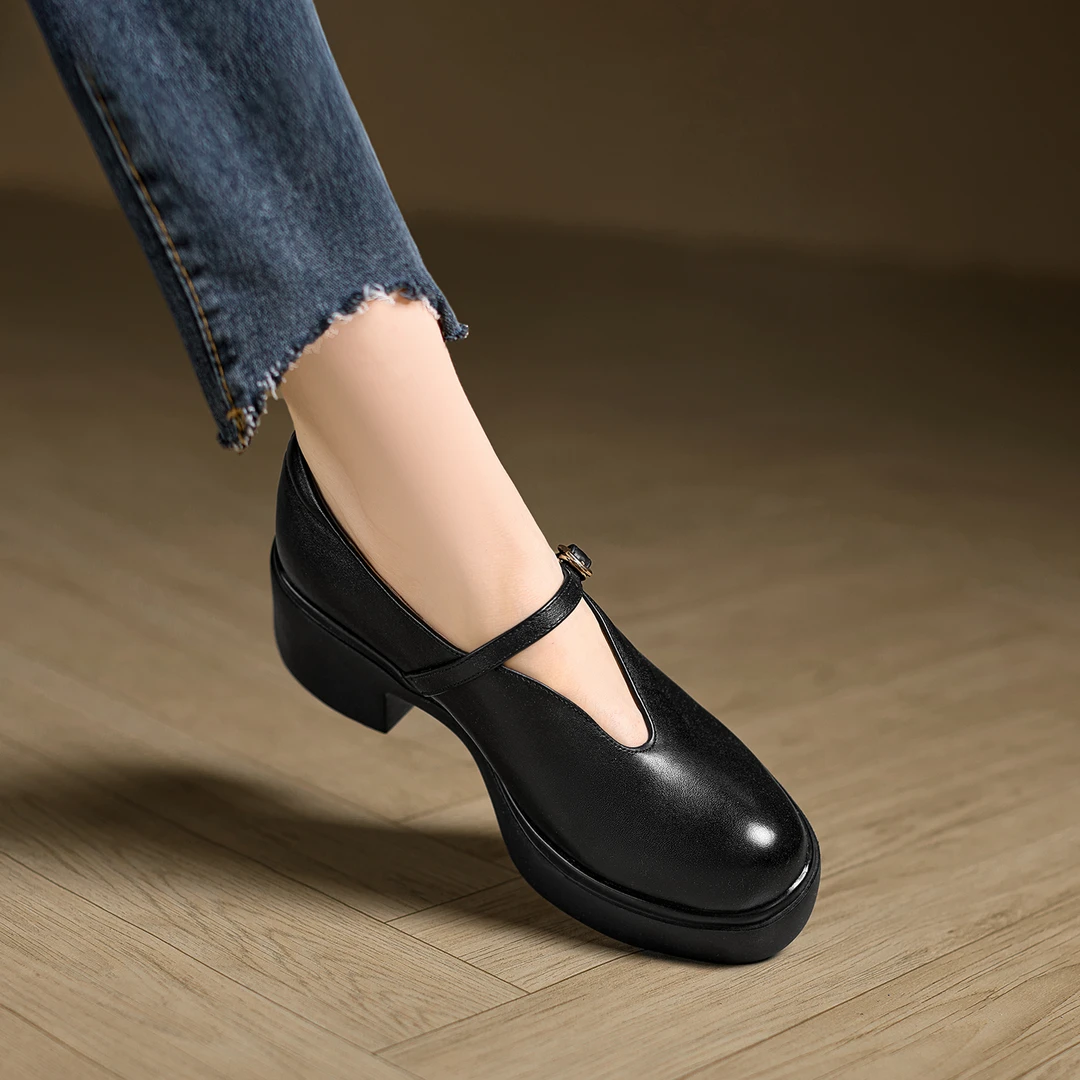 小个子增高6.5cm~厚底玛丽珍鞋新款复古高跟女鞋粗跟圆头真皮单鞋