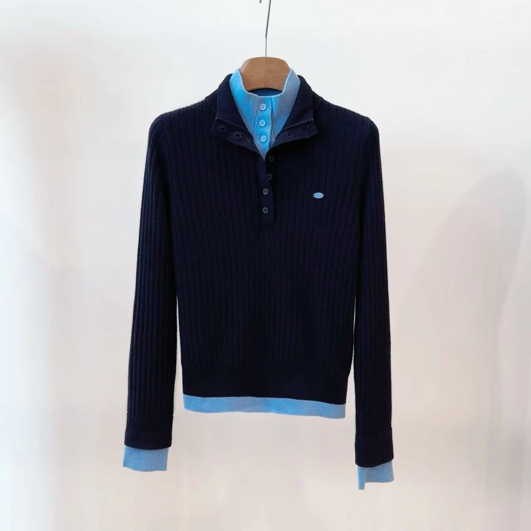 秋冬上新假两件时尚百搭设计感百搭女保暖撞色毛衣针织b534