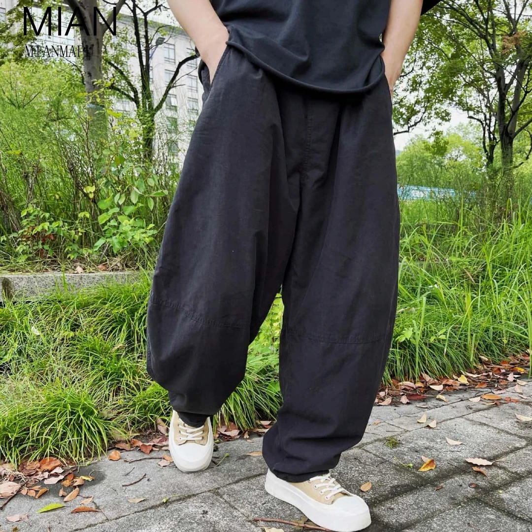 棉麻混纺薄款休闲长裤宽松纯色慵懒风阔腿裤中国风男士宽松休闲裤