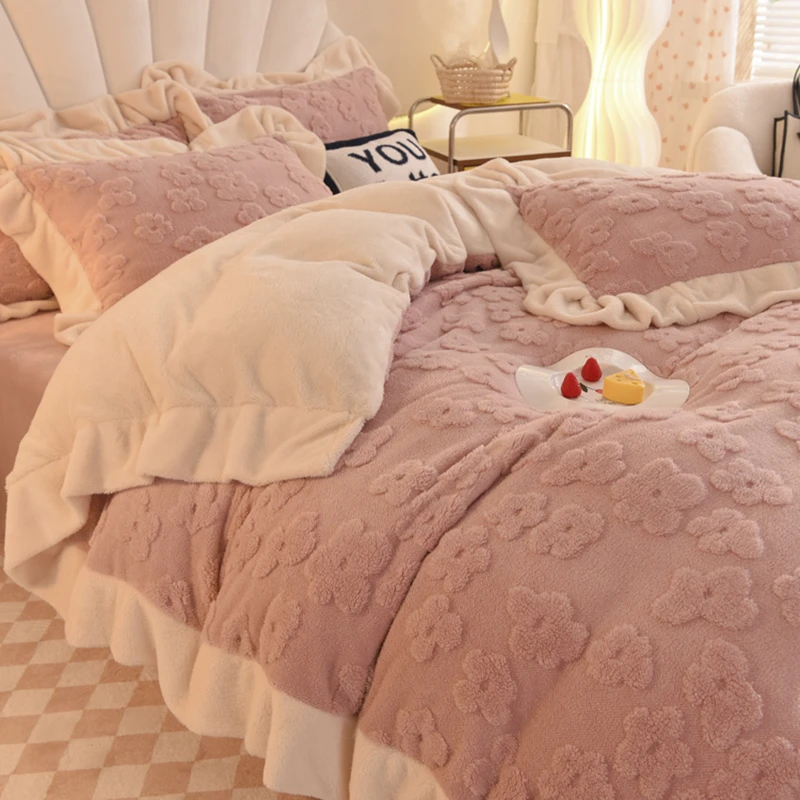 冬季轻奢双面牛奶绒床上四件套加绒加厚被套珊瑚法兰绒床单三件套