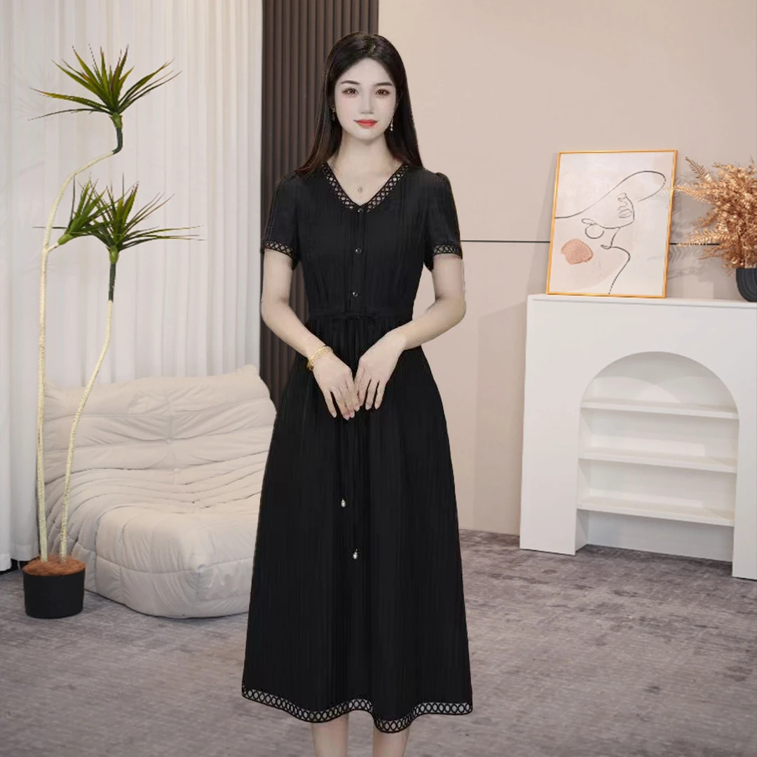 短袖黑色连衣裙女装裙子气质时尚夏季收腰连衣裙女装裙子气质时尚