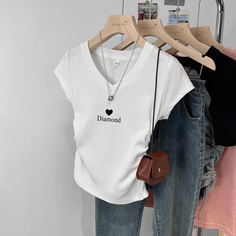 火爆精品高级感V领正肩短袖t恤女士小众设计感时尚百搭减龄上衣夏