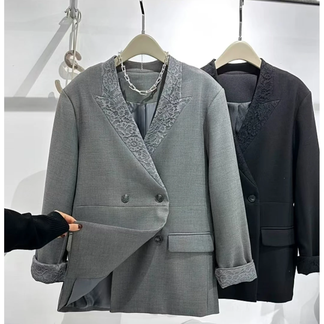 XJ2025开春新款宽松休闲V领时尚百搭蕾丝领西装G0982