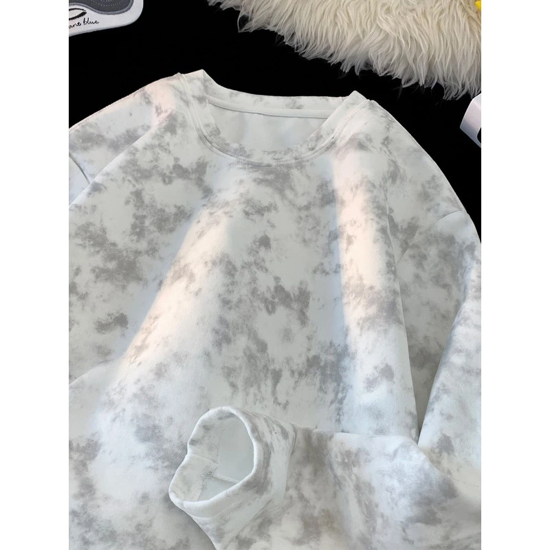 DeweLvum脏脏扎染长袖t恤男潮流百搭圆领内搭上衣重磅抗皱体恤男