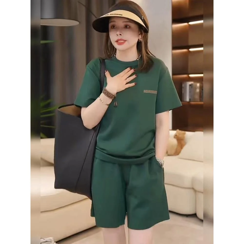 显瘦洋气韩版百搭薄款时尚套装女夏季休闲宽松上衣短袖显瘦两件套