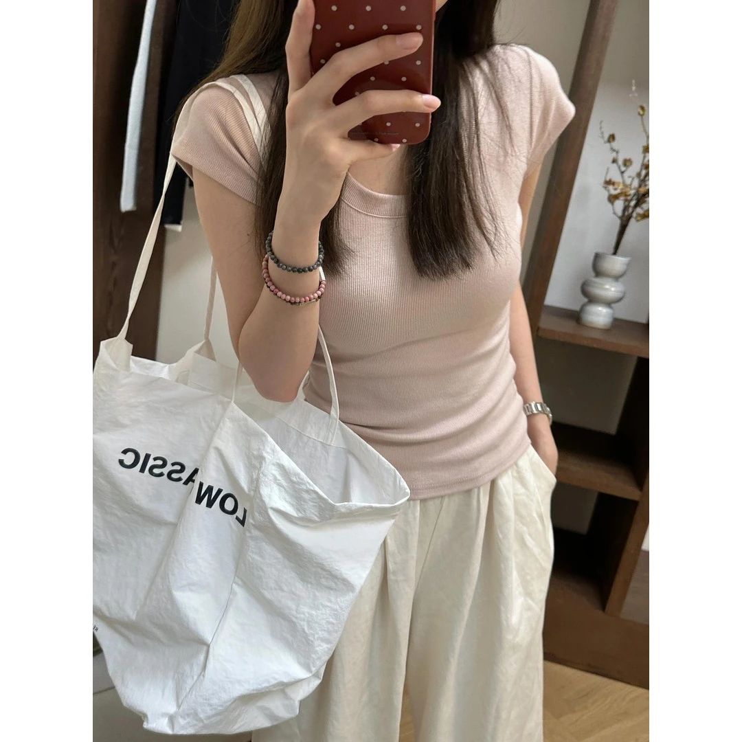 正肩u领短袖T恤女夏季基础小众纯色百搭甜辣收腰修身显瘦短款上衣