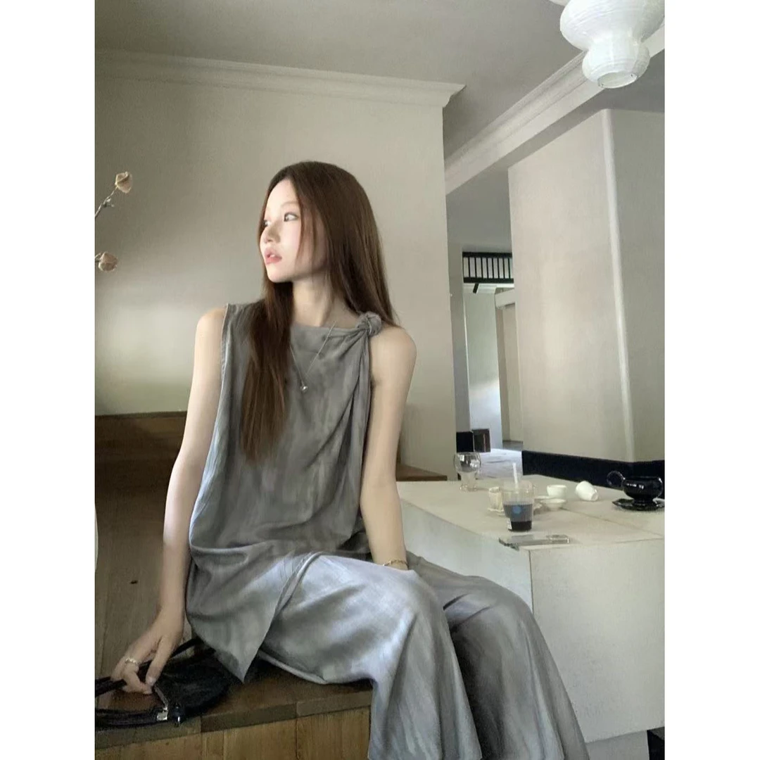 （灰姑娘）夏季松驰穿搭一整套新款不规则无袖上衣阔腿裤套装T5251#