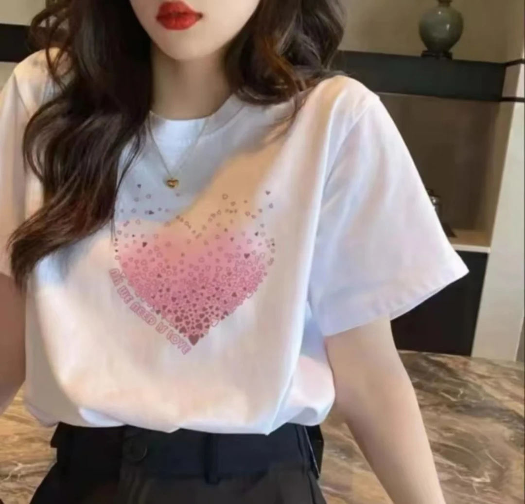 夏季时尚宽松印花潮流春夏卡通圆领设计感纯棉短袖-ins爱心
