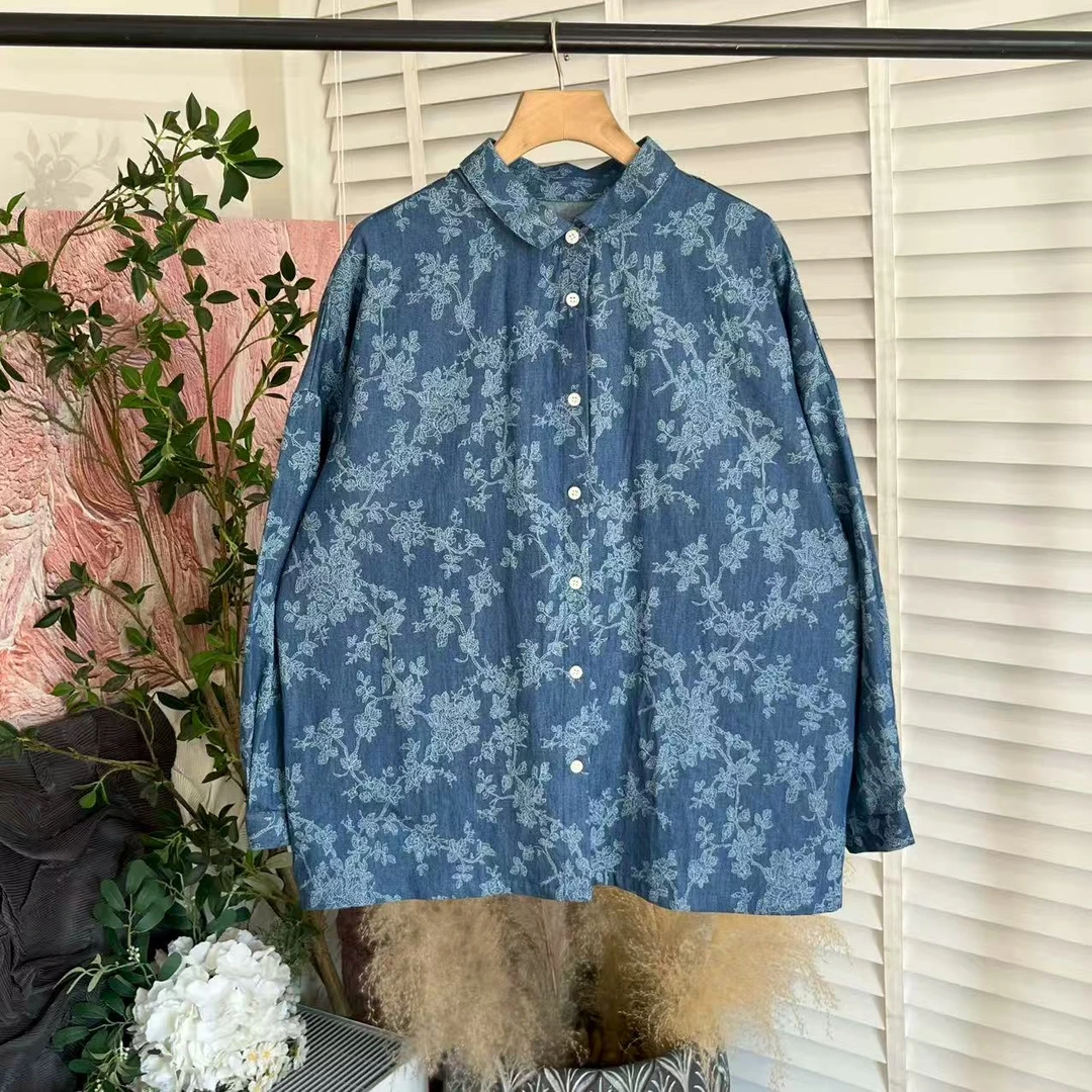 百搭舒适「印花简约翻领」单排扣长袖衬衫女E6084