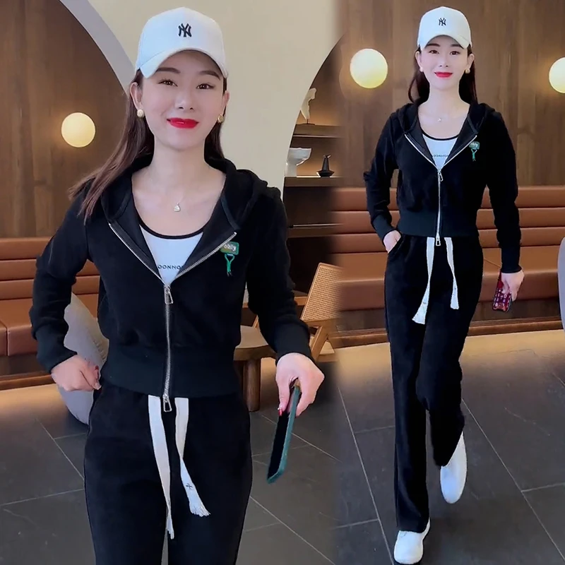 时尚休闲套装女春秋季2025新款开衫连帽卫衣外套百搭运动服两件套