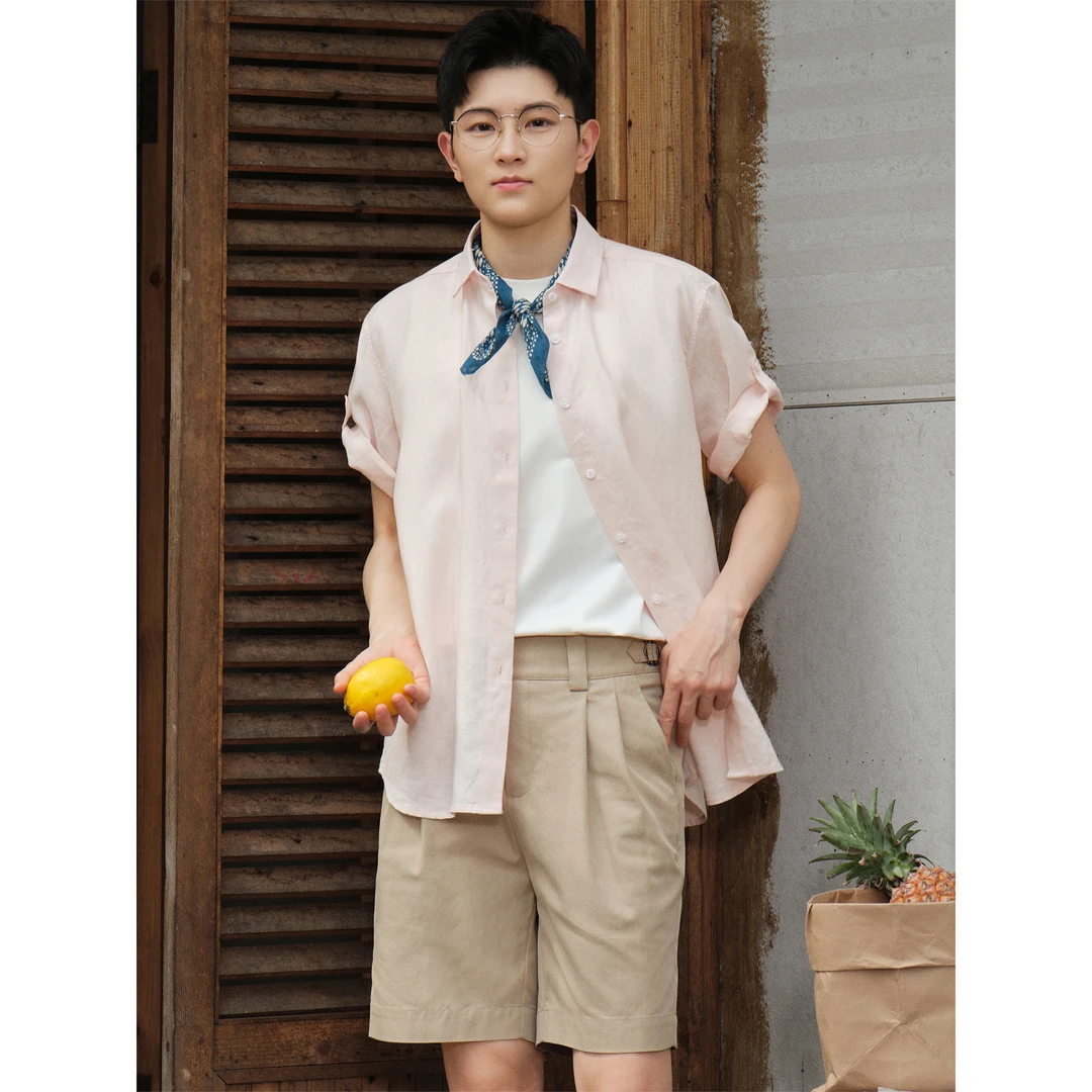 knighttom【法国亚麻】进口原纱粉色小方领小个子中性短袖衬衣5211