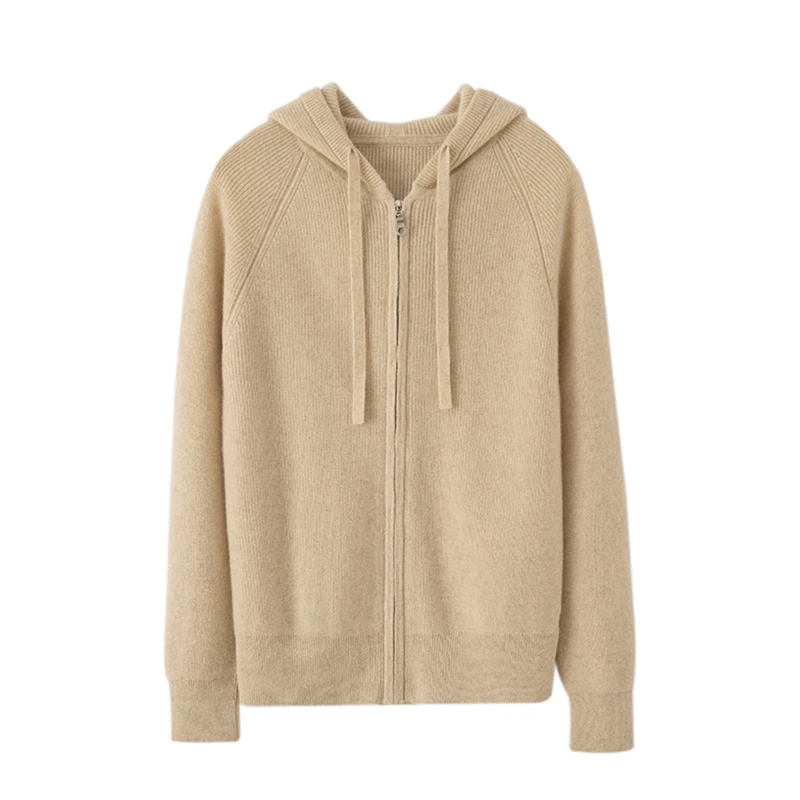 【LP同款】【双股加厚】元宝针100%纯山羊绒连帽拉链外套帽衫女