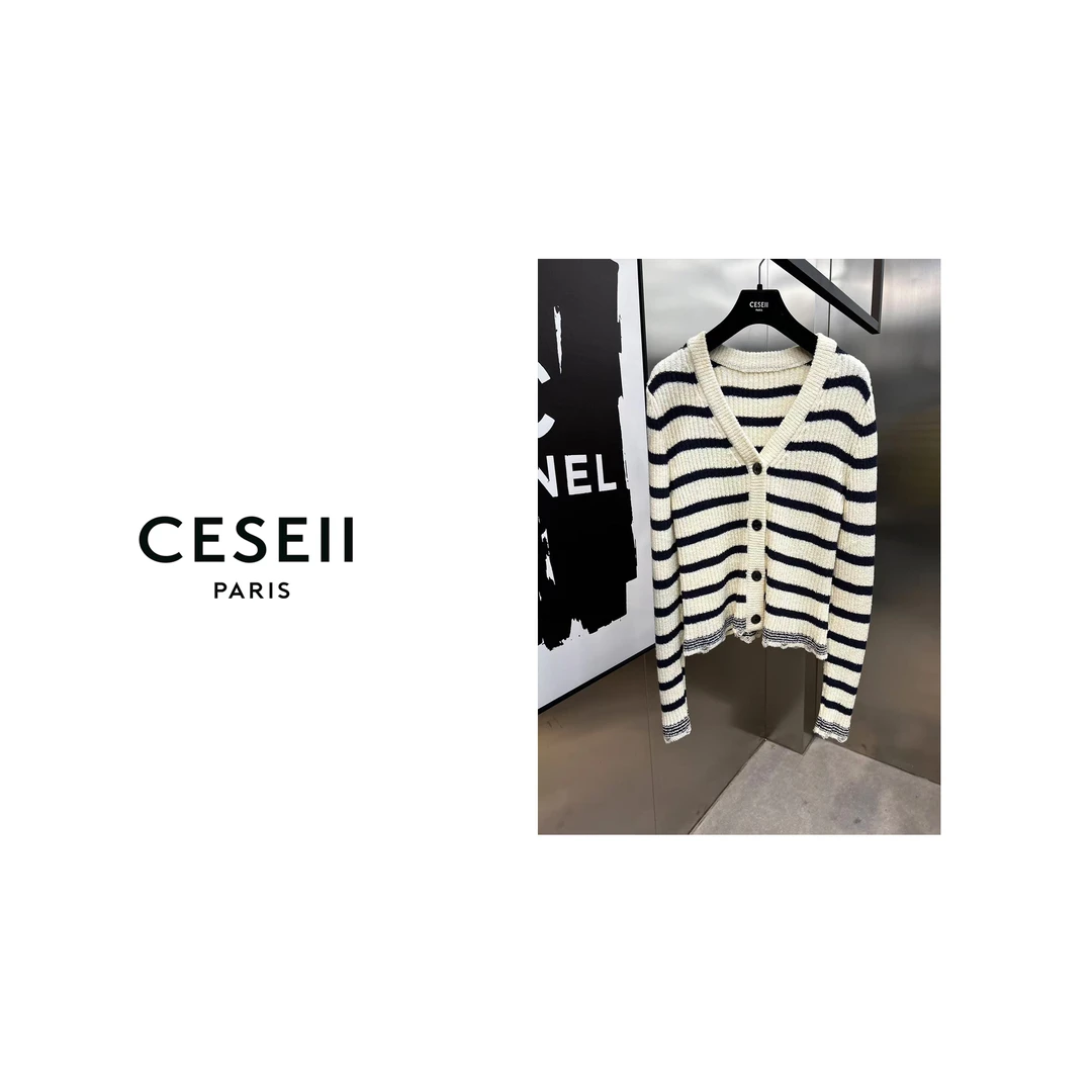 【XJ1365】CESEII时尚百搭条纹厚实感棉质针织开衫
