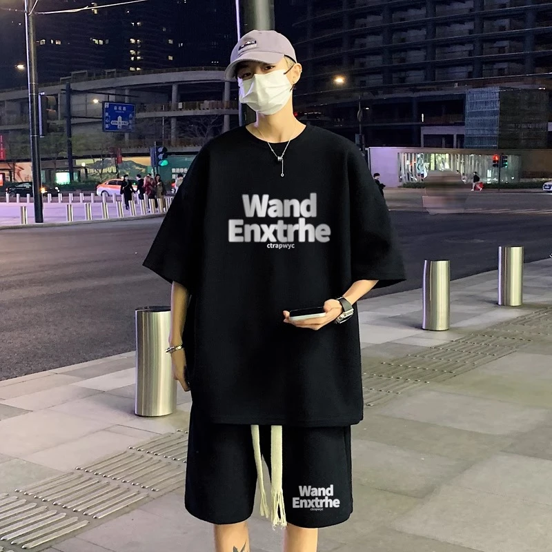 华夫格套装男夏季字母短袖t恤港风短裤青少年运动两件套运动时尚M