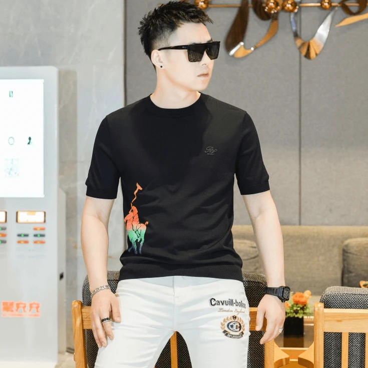 2025欧货轻奢男士针织冰丝短袖T恤夏季印花时尚潮流百搭半袖上衣