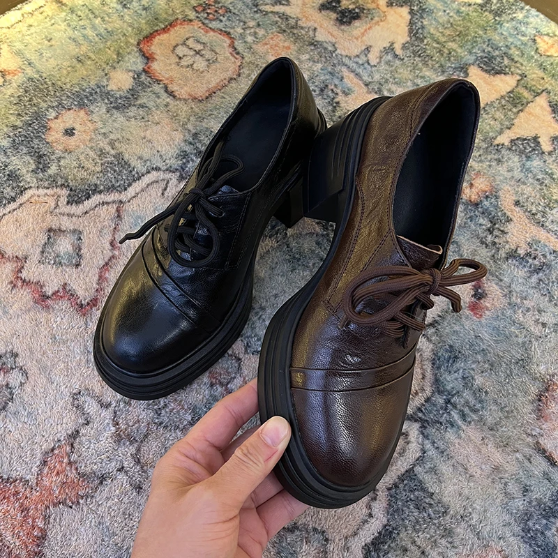 头层羊皮手工鞋/7CM粗跟增高厚底小皮鞋深口单鞋系带乐福鞋女M711