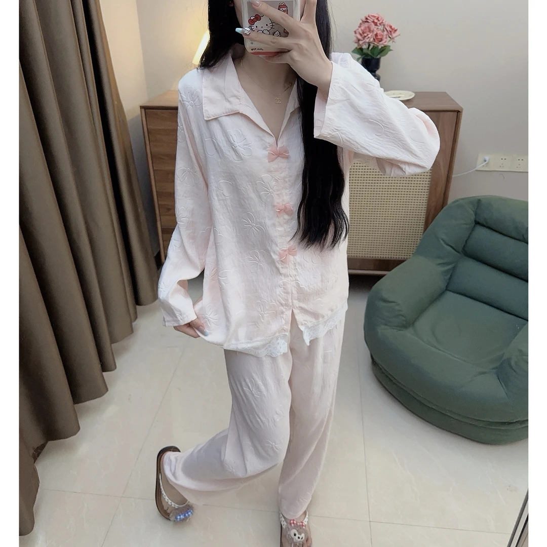 春秋季睡衣女长袖甜美风提花云朵棉2025新款蝴蝶结少女家居服套装