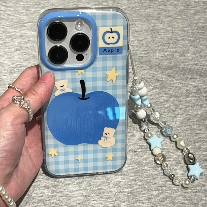 奥菲顿格纹蓝苹果小熊适用iPhone16大孔手机壳华为vivo小米oppo套