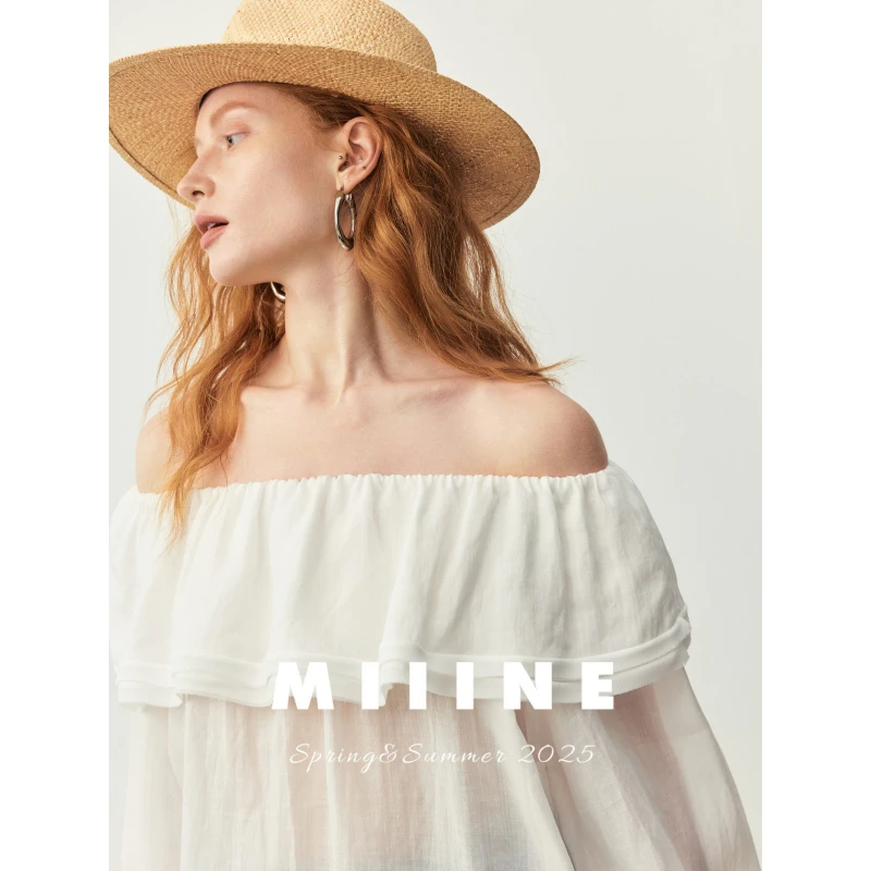 MIIINE 自由颂 法式一字肩微透长袖衬衫女上衣 小众设计感
