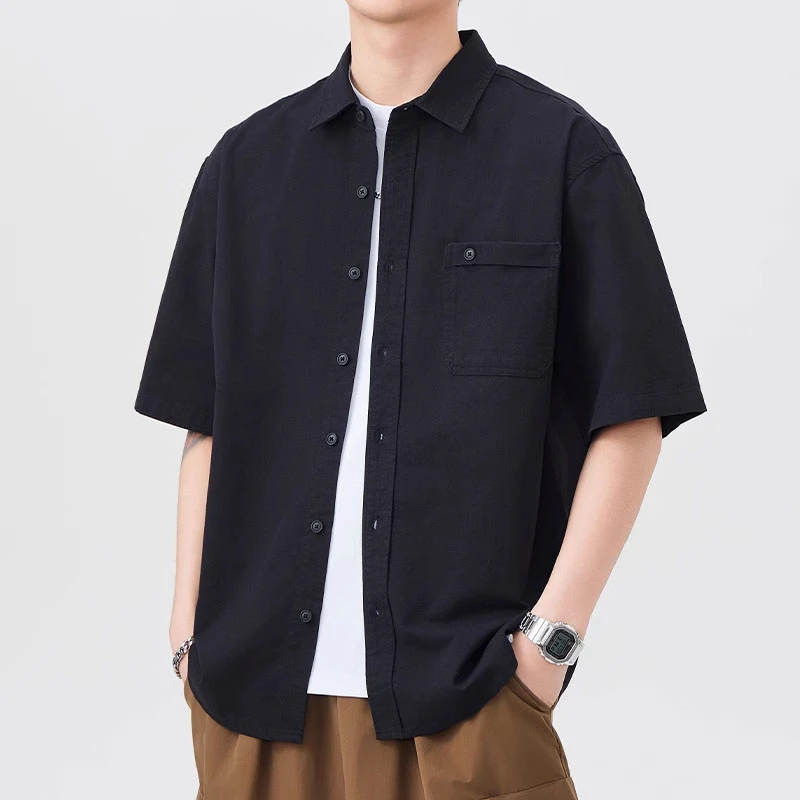 法国Cebrodz重磅纯棉翻领衬衫男2025夏季短袖黑色百搭休闲高级感