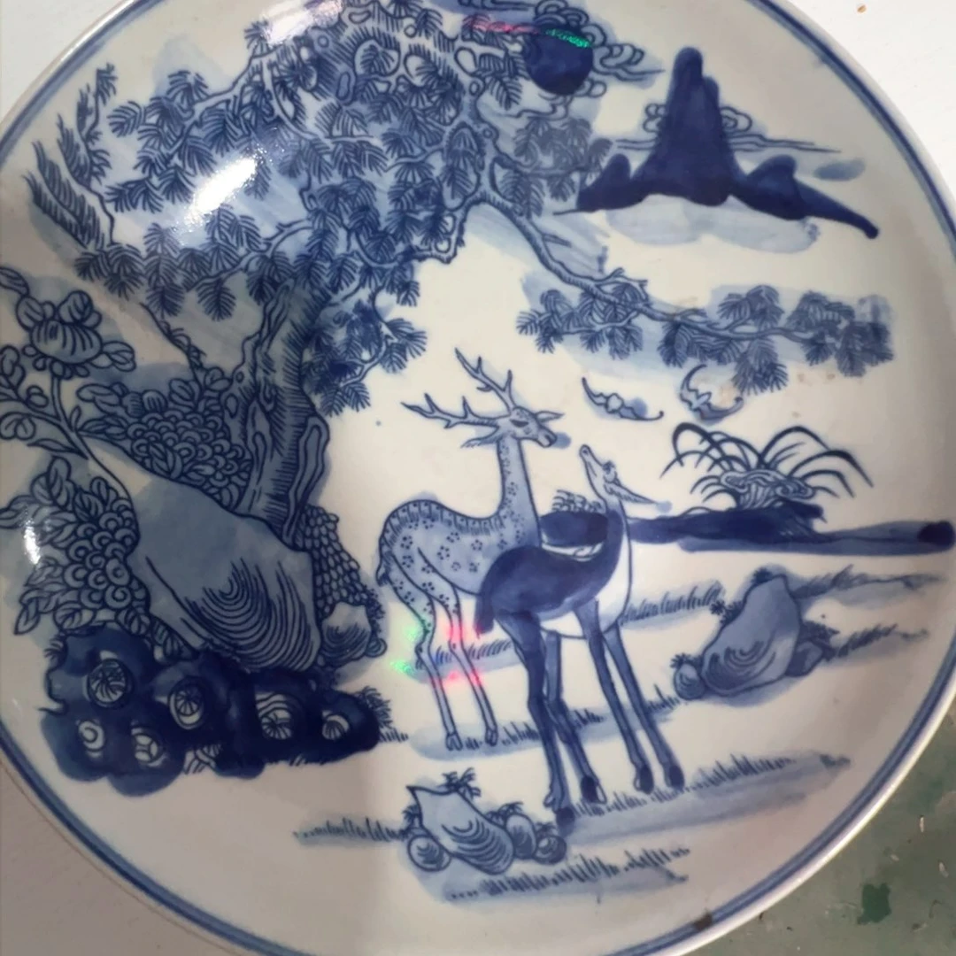 瓷片景德镇陶瓷老白胎青花鹿大盘一个