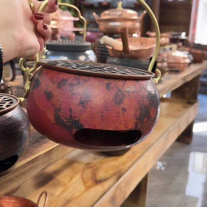 紫铜手工制作摆件提梁炭炉淬火（花纹随机）