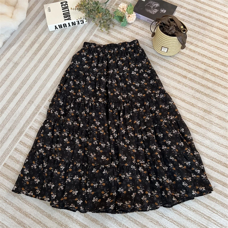 【风铃推荐】显瘦碎花高腰半身长裙松紧腰百搭休闲宽松裙子中长款