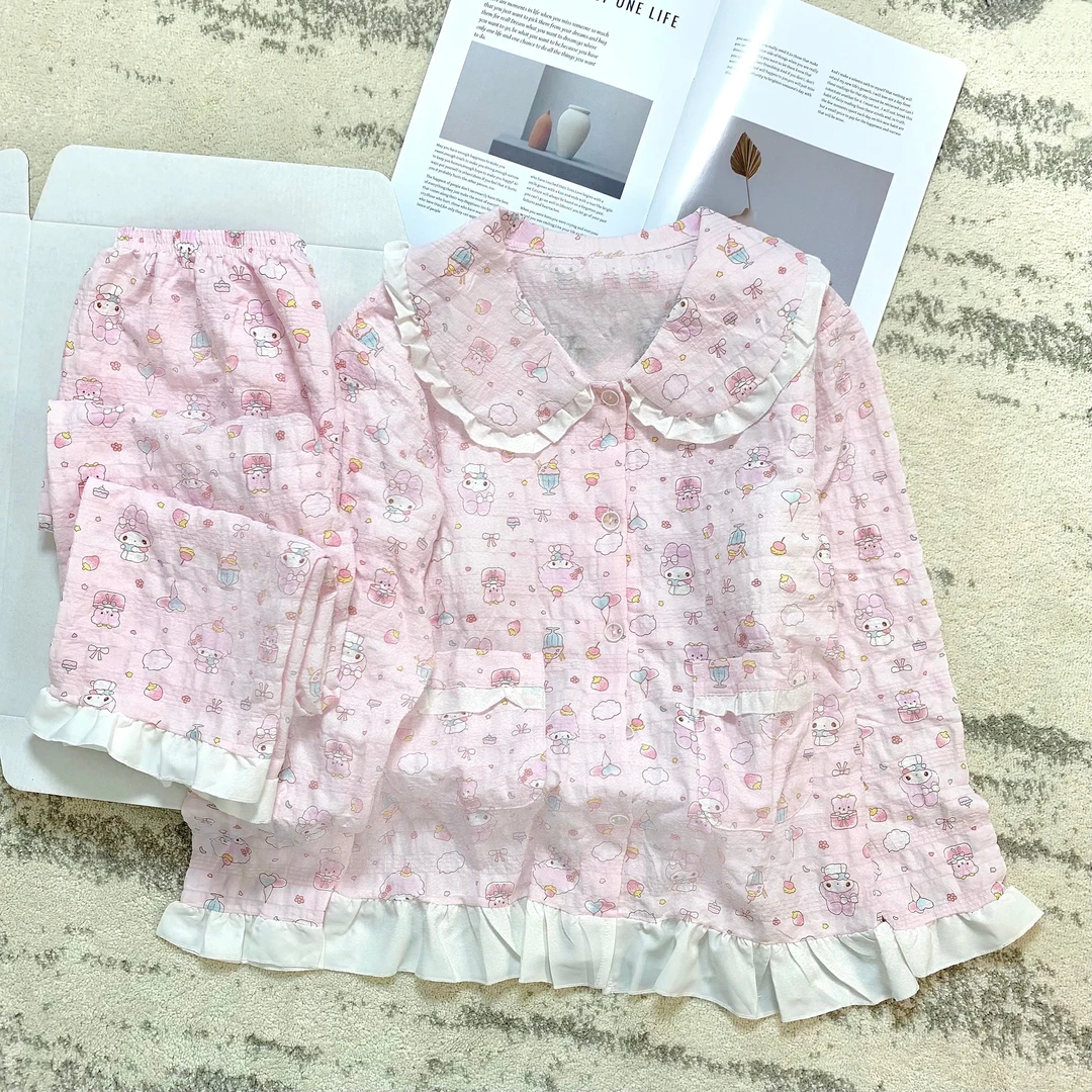 带胸垫美乐蒂睡衣女春秋季新款云朵棉长袖学生可爱娃娃领家居服薄